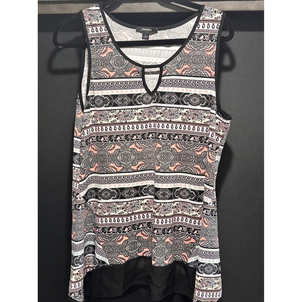 Espresso Women Large Pink Black Paisley Tile Print Sleeveless Keyhole Blouse Top